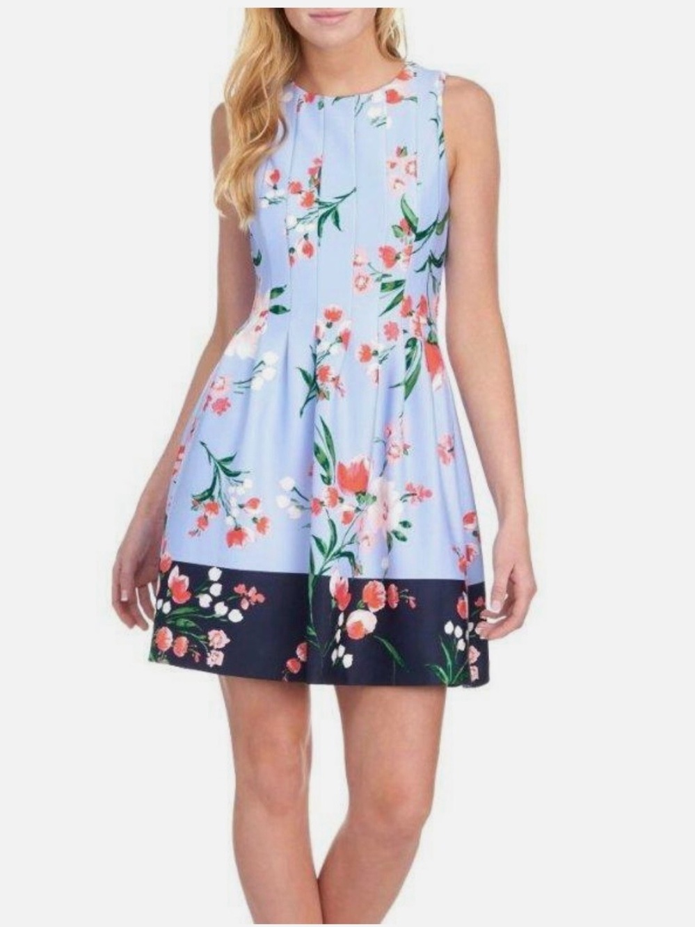 New Vince Camuto Light Blue Floral Sleeveless Mini Dress with Navy Hem